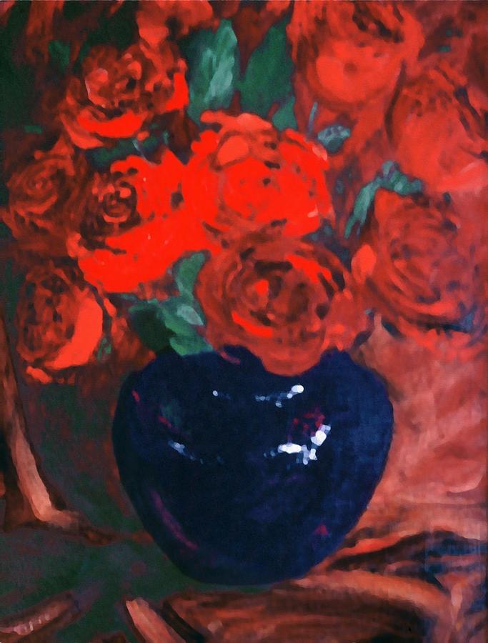 Red Roses Blue Vase Painting by G Linsenmayer