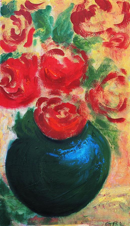 Red Roses In Blue Vase Painting by G Linsenmayer
