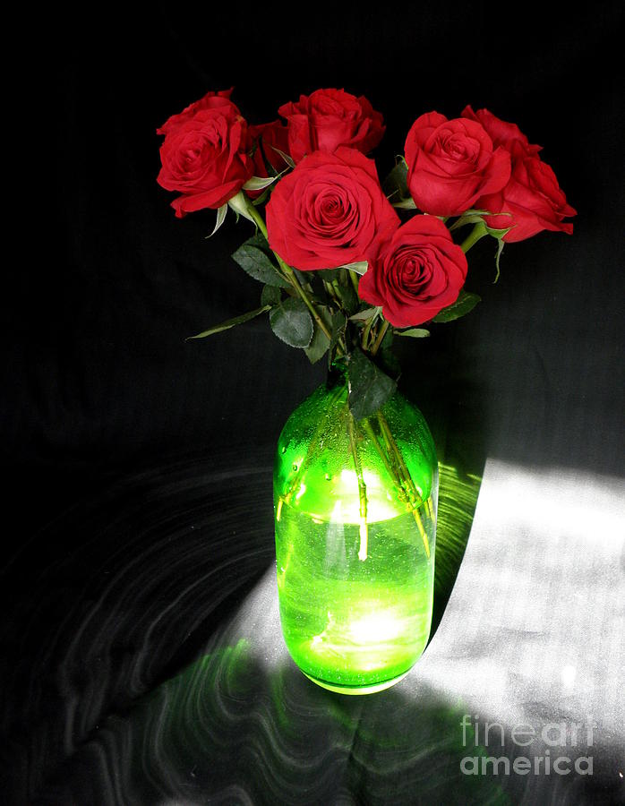 Red Roses in Green Vase Photograph by Lainie Wrightson