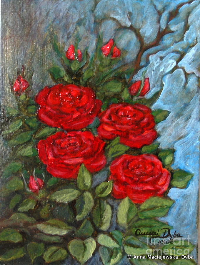 Red Roses In Old Garden Painting by Anna Folkartanna Maciejewska-Dyba