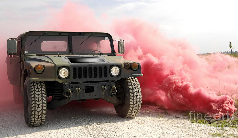 Truck Photograph - Red Smoke Billows Out Onto A Humvee by Stocktrek Images