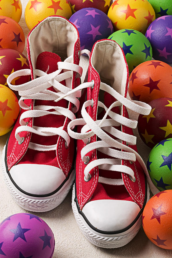 Still Life Photograph - Red tennis shoes and balls by Garry Gay