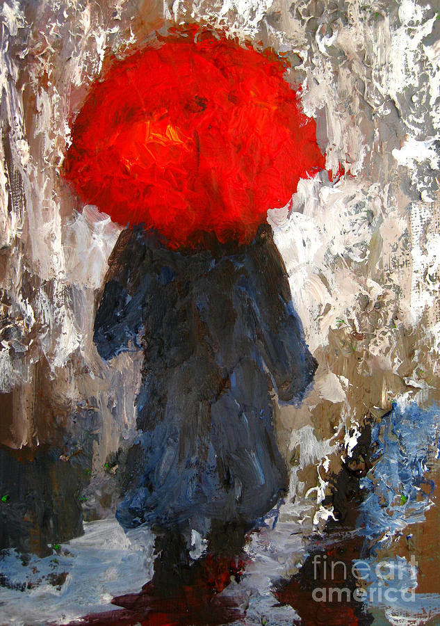 Red umbrella under the rain Painting by Patricia Awapara