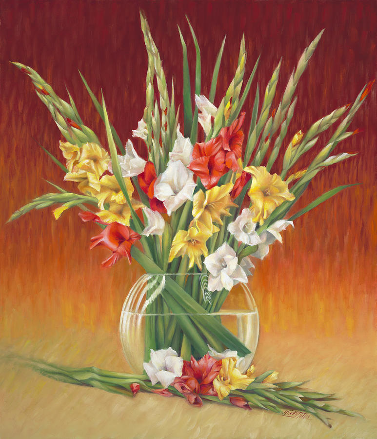Red White and Yellow Gladiolus Painting by Nancy Tilles