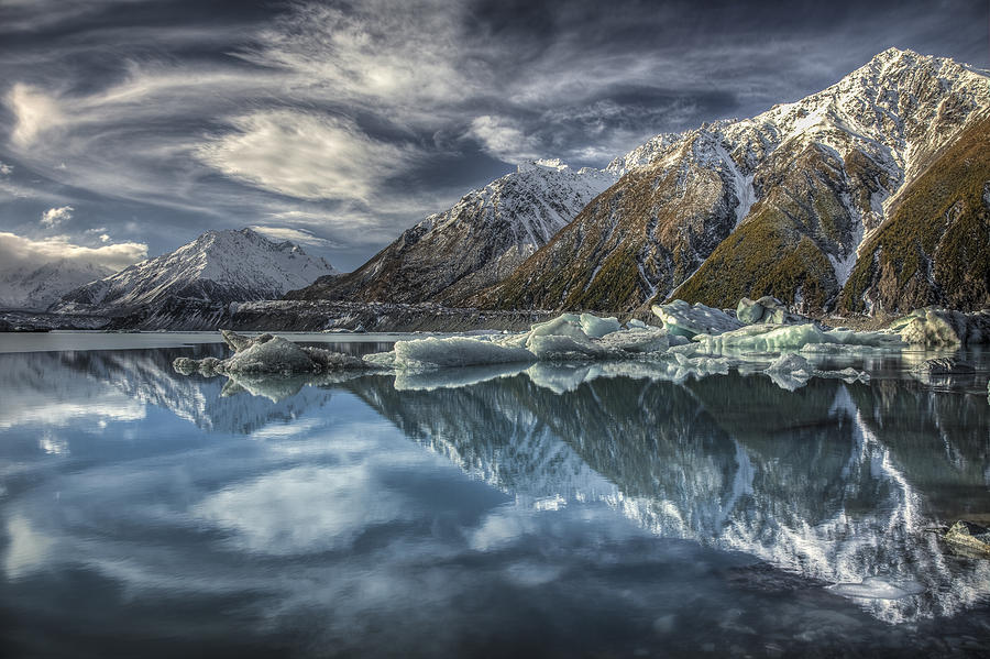 Reflection In Glacial Lake At Tasman Photograph by Colin Monteath