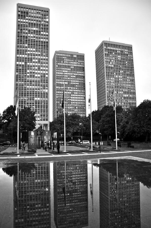 Reflections of Society Hill Towers Black and White Photograph by Andrew Dinh