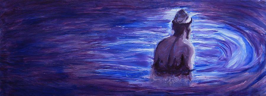 Religious Nude Male Dipping in Mikveh Baptism in Swirling Water Pool in Purple Blue  Painting by M Zimmerman