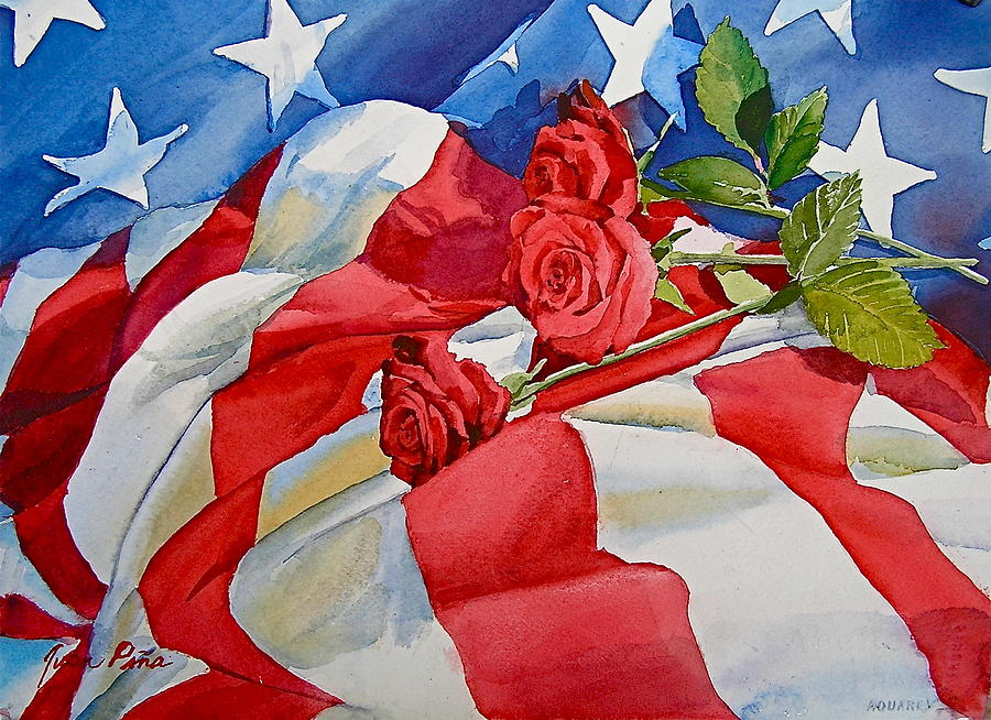American Flag Painting - Remembrance Roses by Juan Pena