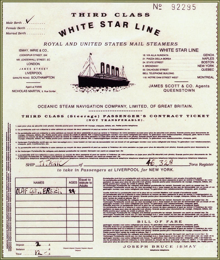 Replica Of Titanic Passenger Ticket Photograph by Photo Researchers