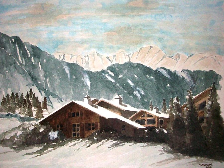 Rest house at the Alps Painting by Samir Sokhn