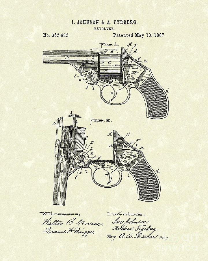 1887 Drawing - Revolver 1887 Patent Art by Prior Art Design