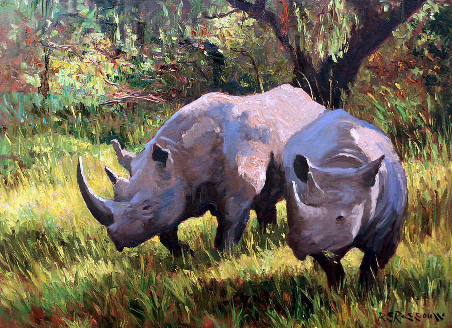 Rhinos Grazing Painting By Roelof Rossouw