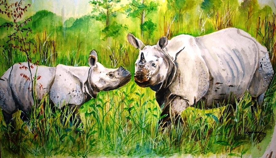 Wild Life Painting - Rhinos in Kaziranga by Deb Gohain