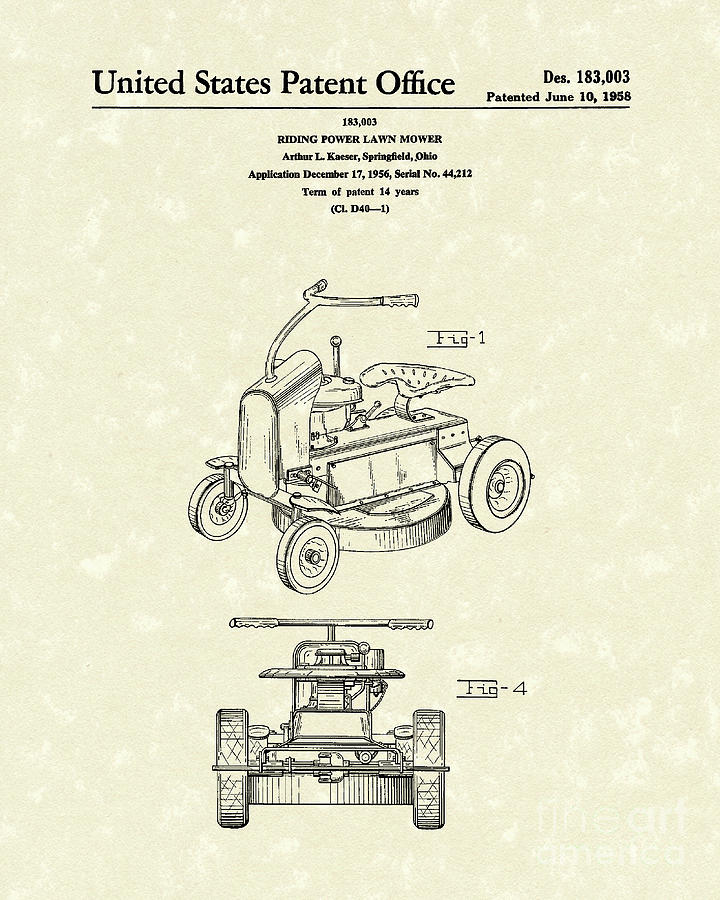 Riding Power Lawn Mower Patent Art  Drawing by Prior Art Design