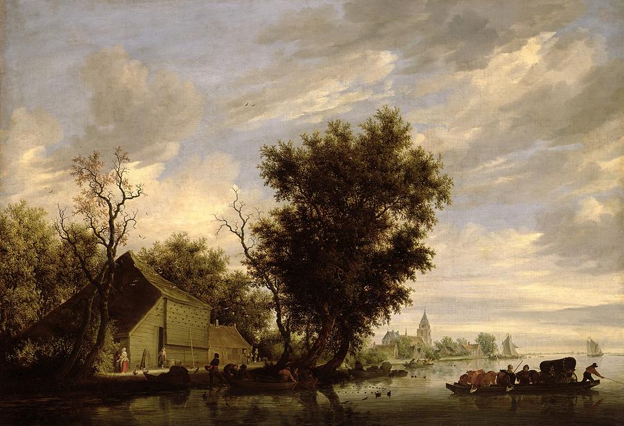 Tree Painting - River Scene with a Ferry Boat by Salomon van Ruysdael