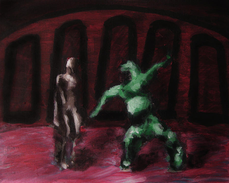 Robot Chewbacca Fight Colosseum in Red Green and Pink Painting by M Zimmerman