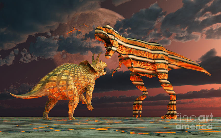 Robotic T. Rex & Triceratops Battle Digital Art