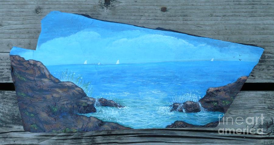 Rock painting-Ocean Sailboats Painting by Monika Shepherdson