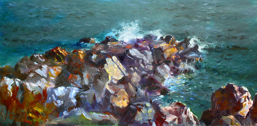 Seagull Painting - Rocks against the Ocean  by Ylli Haruni