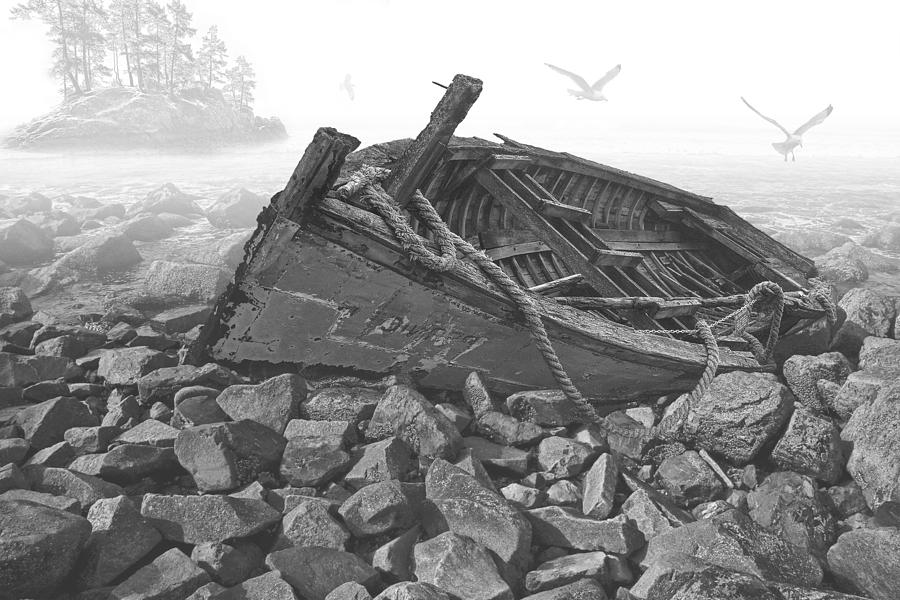 Landscape Photograph - Rocky Shore Shipwreck by Randall Nyhof