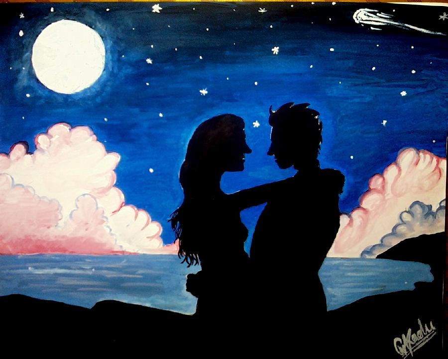 Romance At Lakeside In Moonlight Painting By Chaitanya Kadu