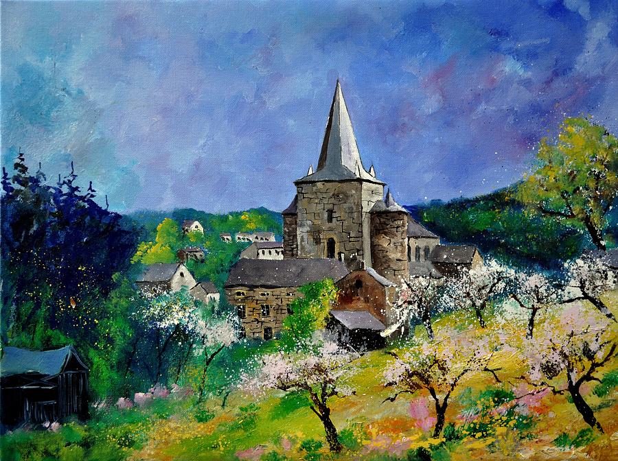Romanesque church in Celles - Houyet Painting by Pol Ledent