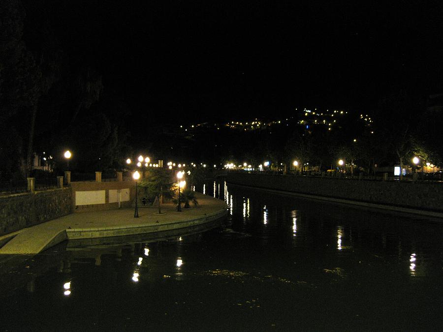 Romantic Scene of Lamp Post Reflection By The River At Night II Granada Spain Photograph by John Shiron
