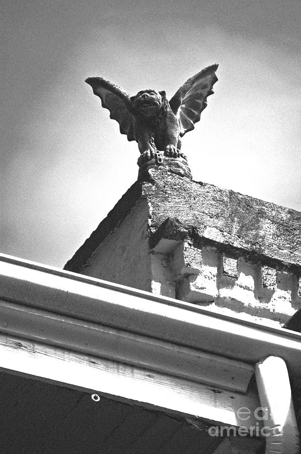 Rooftop Gargoyle Statue above French Quarter New Orleans Black and White Film Grain Digital Art Digital Art by Shawn OBrien
