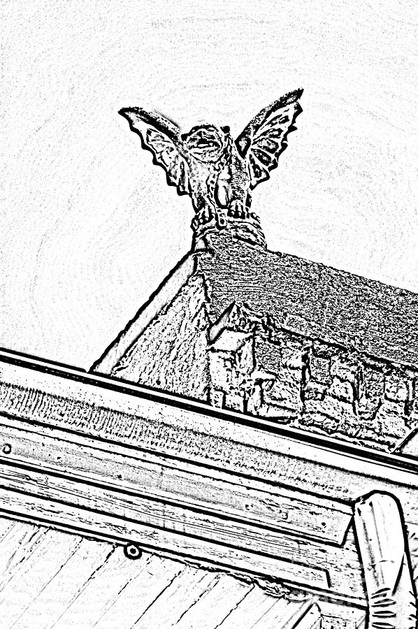 New Orleans Digital Art - Rooftop Gargoyle Statue above French Quarter New Orleans Black and White Photocopy Digital Art by Shawn OBrien
