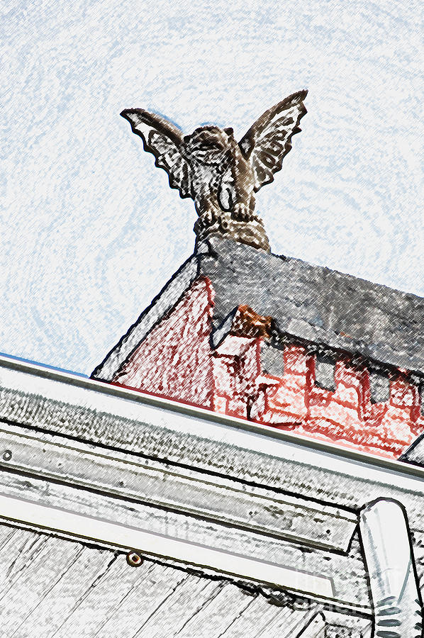 New Orleans Digital Art - Rooftop Gargoyle Statue above French Quarter New Orleans Colored Pencil Digital Art by Shawn OBrien