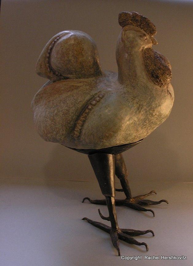 Rooster 2 Bronze legs and Ceramics body sculpture Sculpture by Rachel Hershkovitz