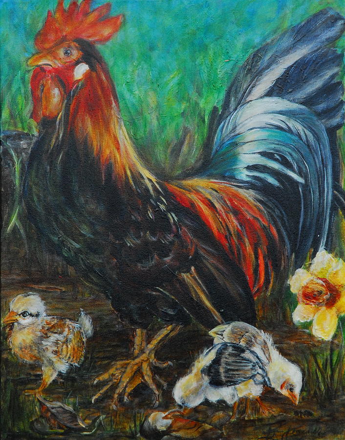 Rooster and chicks II Painting by Bonnie Peacher