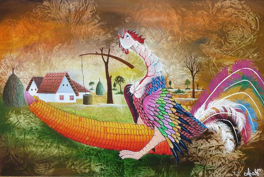 Animal Painting - Roosters corn by Pavel Hajko