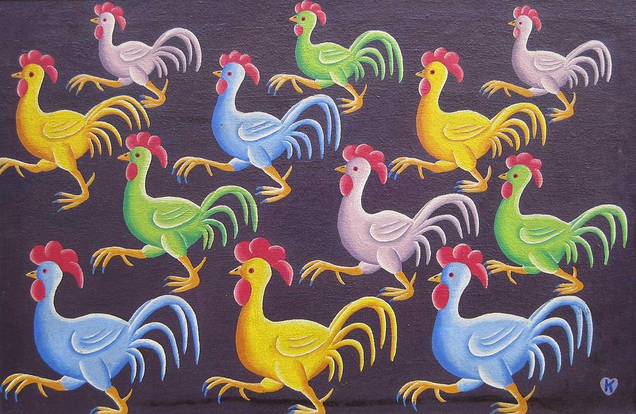 Animal Painting - Roosters by Jan Knazovic
