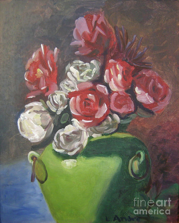 Roses and Green Vase Painting by Lilibeth Andre