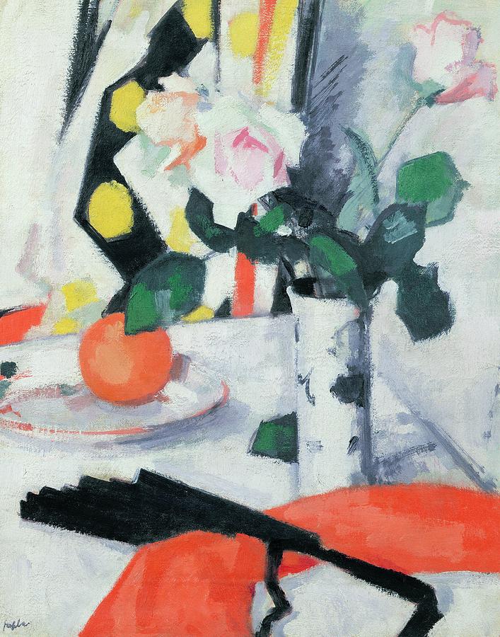 Roses in a Chinese Vase with Black Fan Painting by Samuel John Peploe