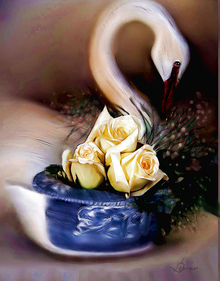 Roses with wooden goose Photograph by Bonnie Willis