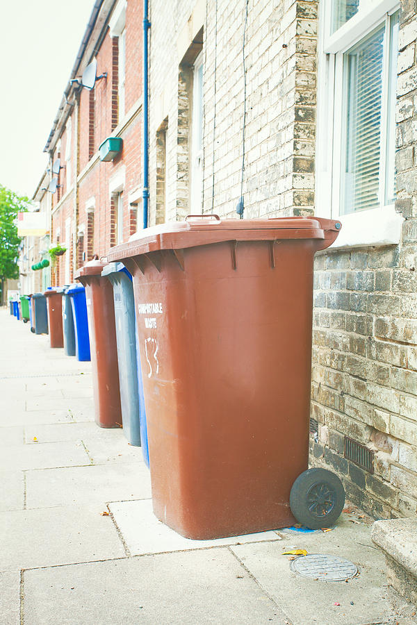 Brick Photograph - Rubbish bins by Tom Gowanlock
