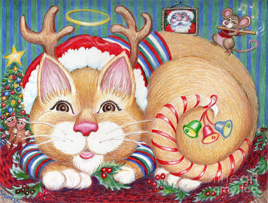 Christmas Drawing - Rudolph The Pink Nosed Dear Cat by Dee Davis