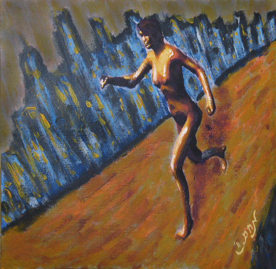Running Nude Female Goddess on the Muddy Skyline of Chicagos Lakefront Painting by M Zimmerman