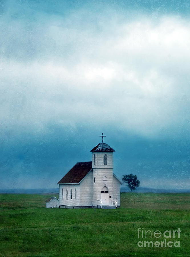 Vintage Photograph - Rural Church with Stormy Sky by Jill Battaglia