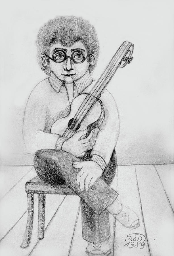 Russian guitarist black and white art eyeglasses long curly hair tie chin shirt trousers shoes chair Painting by Rachel Hershkovitz