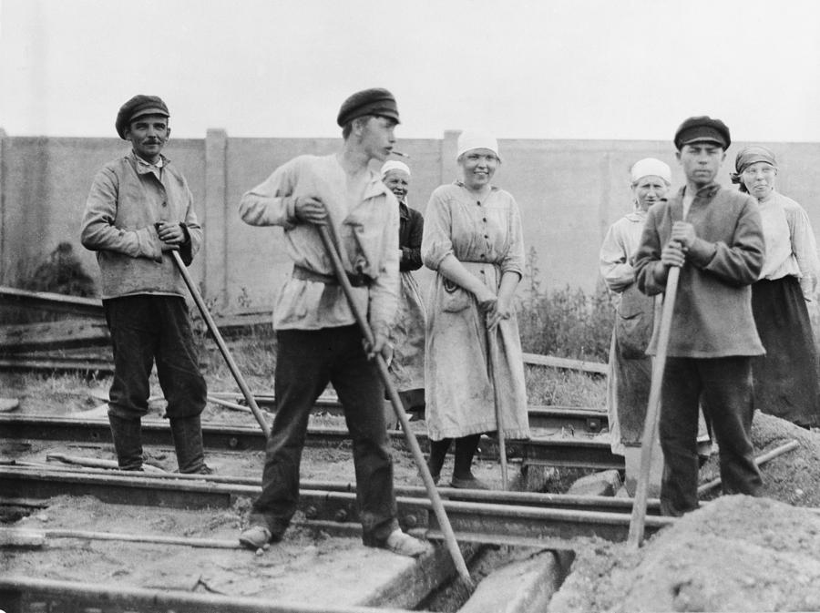 History Photograph - Russian Men And Women Railroad Track by Everett