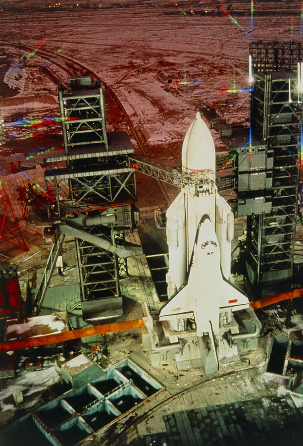 Russian Shuttle Buran On Launch Pad At Night Photograph by Ria Novosti