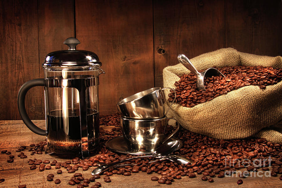 Sack of coffee beans with french press Photograph by Sandra Cunningham
