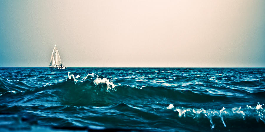 Sailboat In Rough Water With Crashing Waves. by Kinga Szymczyk