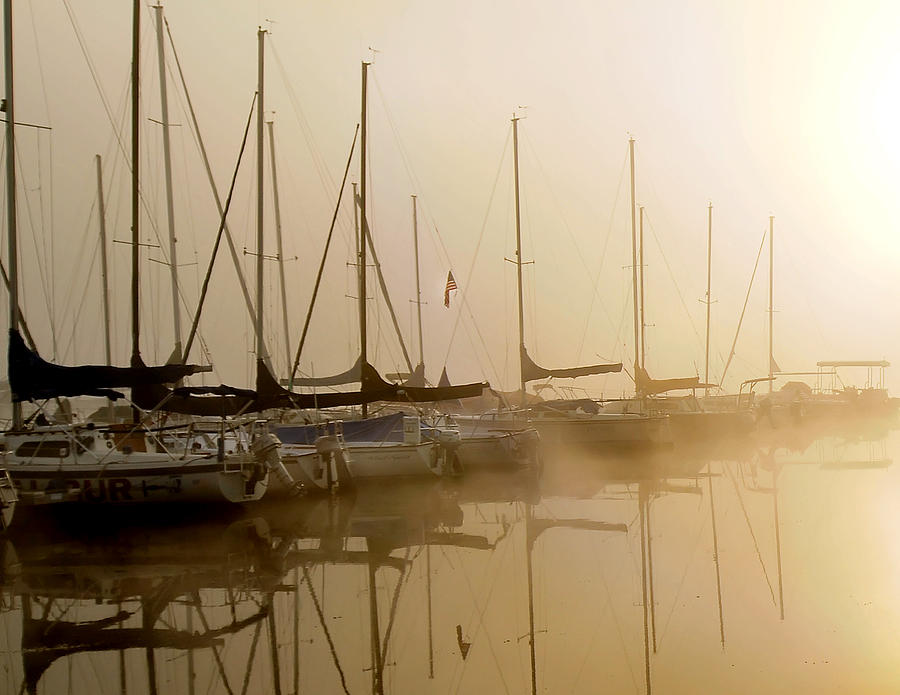 Sailboats Photograph - Sailboats in golden fog by Randall Branham