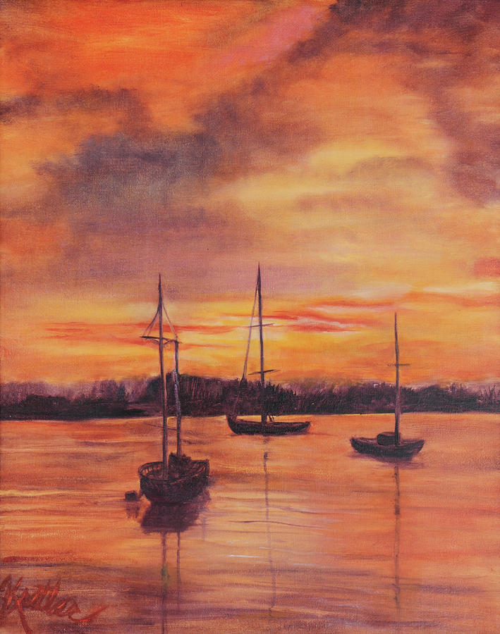 Boat Painting - Sailboats in the Sunset by Pauline  Kretler