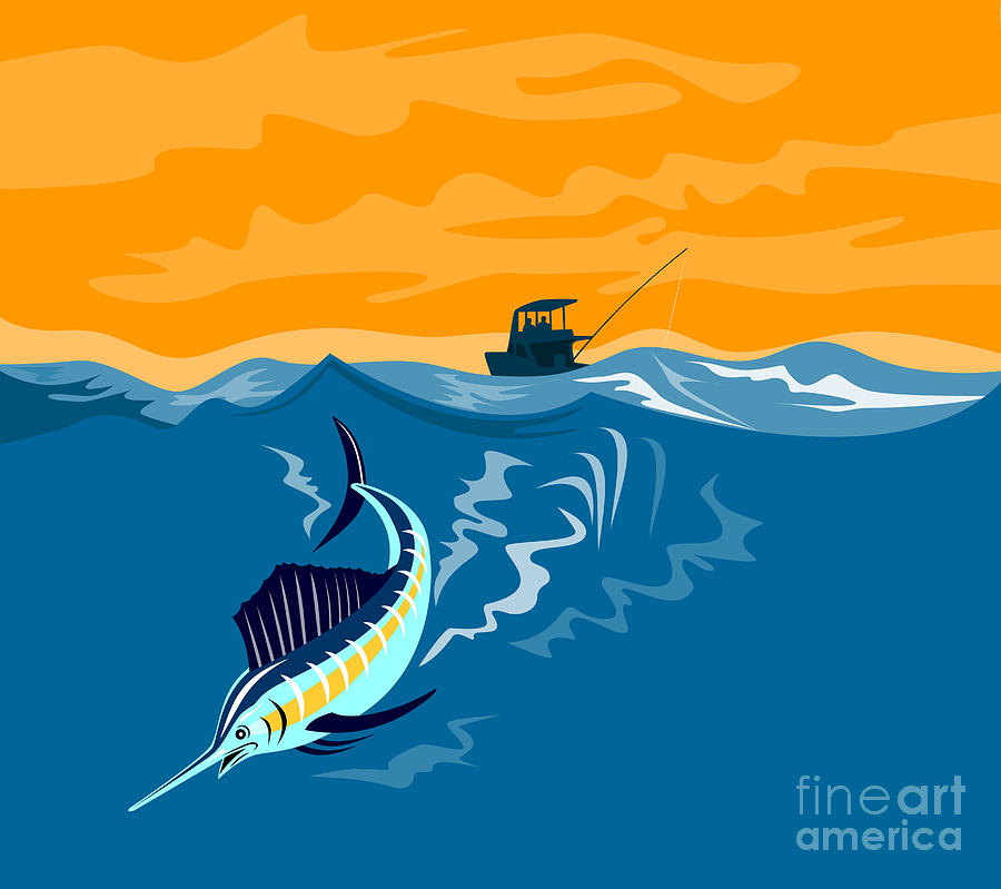 Swordfish Digital Art - Sailfish Fish Jumping Retro by Aloysius Patrimonio