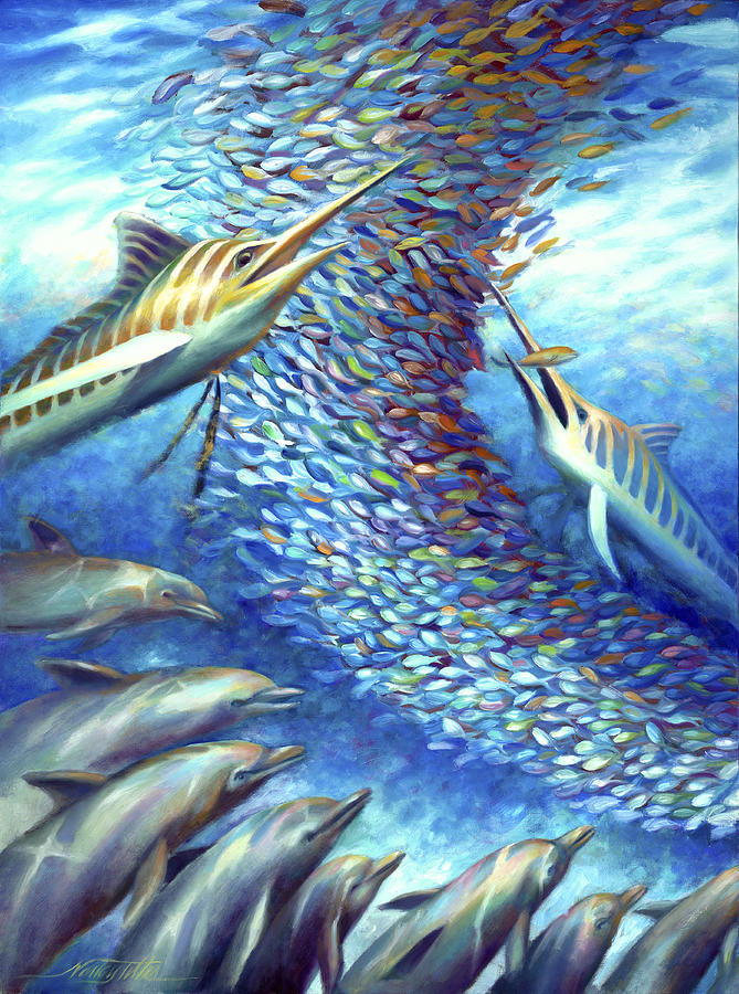Sailfish Plunders Baitball I - Marlin and Dolphin Painting by Nancy Tilles